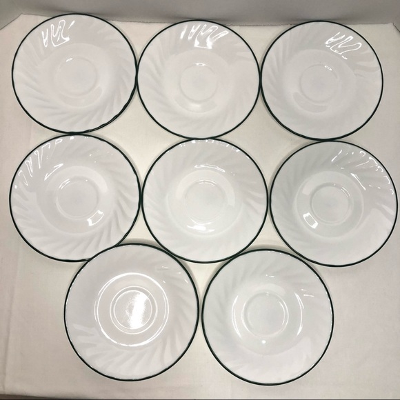 Vintage Set of 8 Corelle Saucers  Swirl Green Rim - Picture 2 of 3